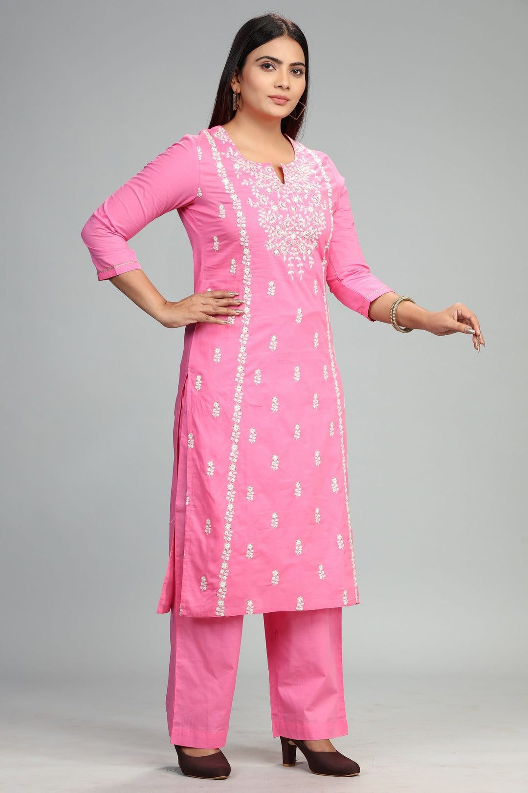 Pink Cotton Straight Embroidered Kurta Pant Co ord Set