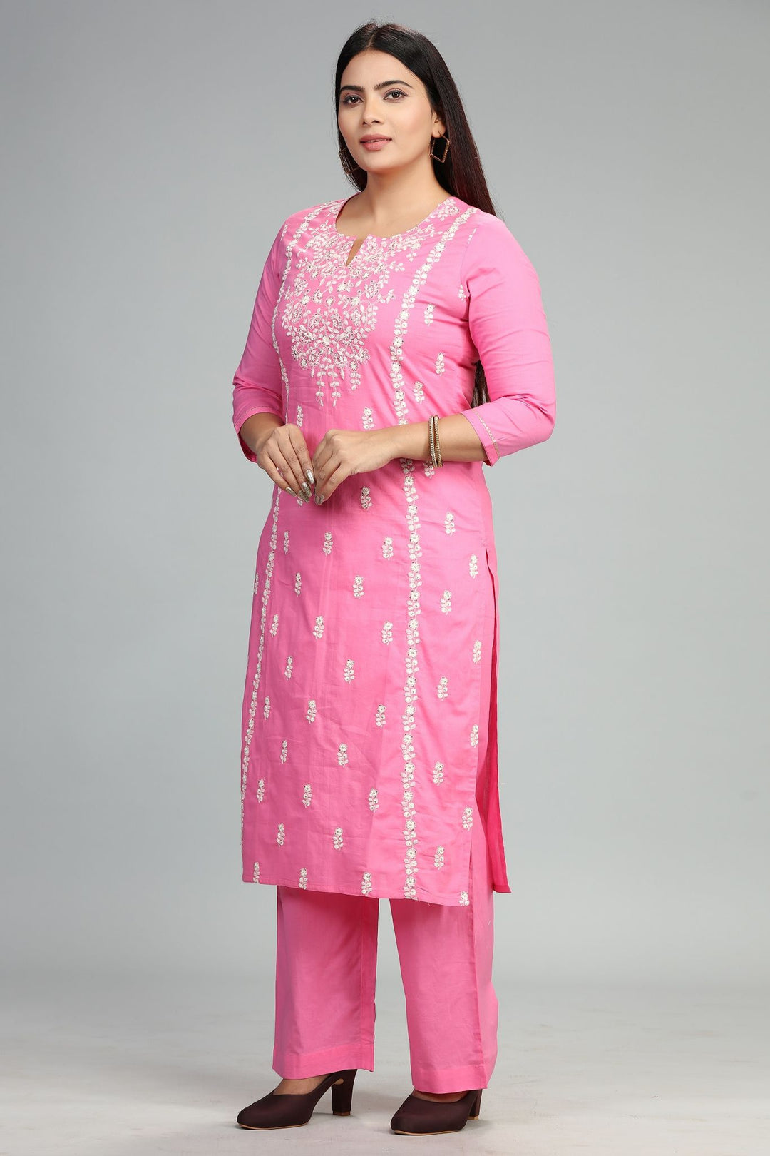 Pink Cotton Straight Embroidered Kurta Pant Co ord Set