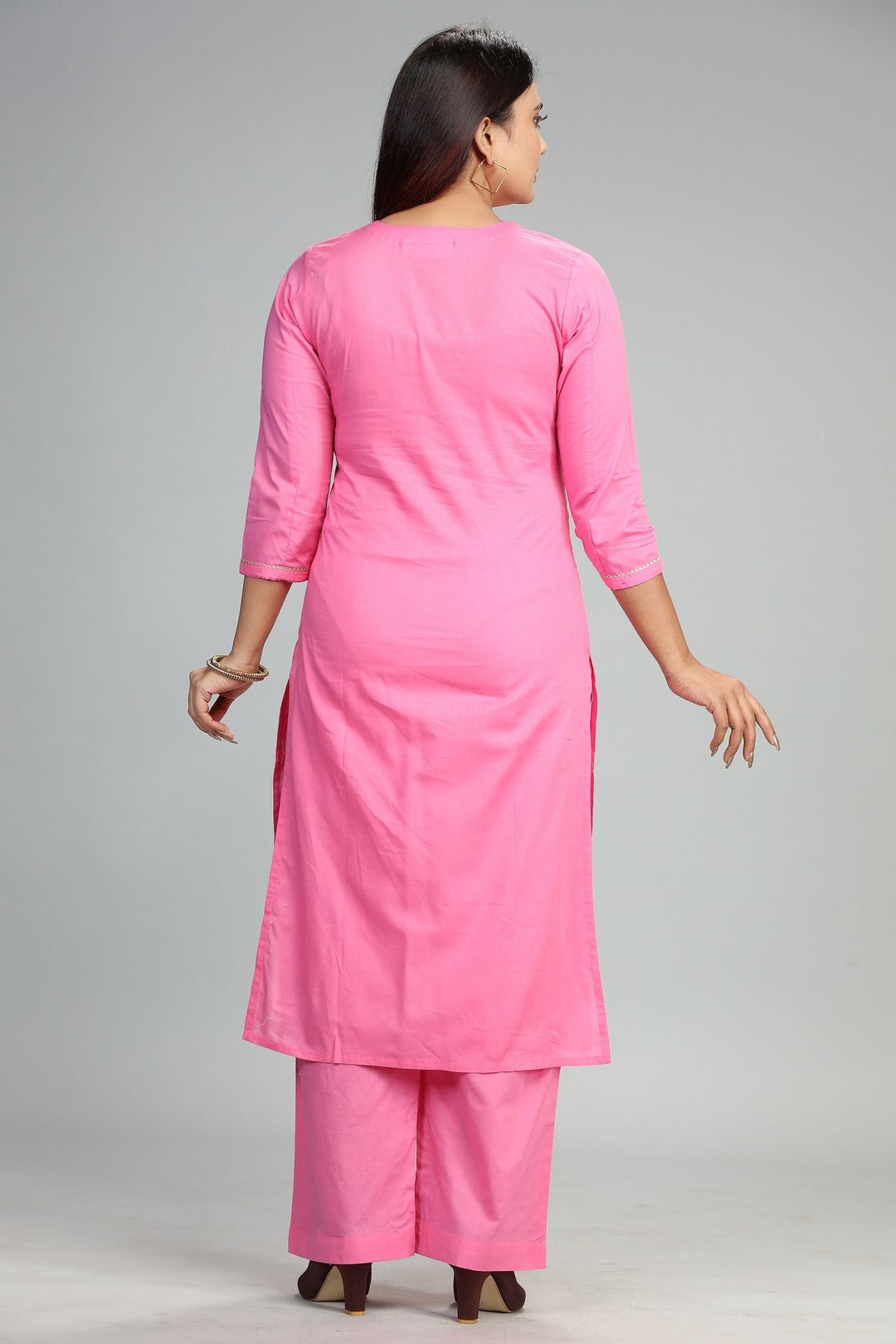 Pink Cotton Straight Embroidered Kurta Pant Co ord Set