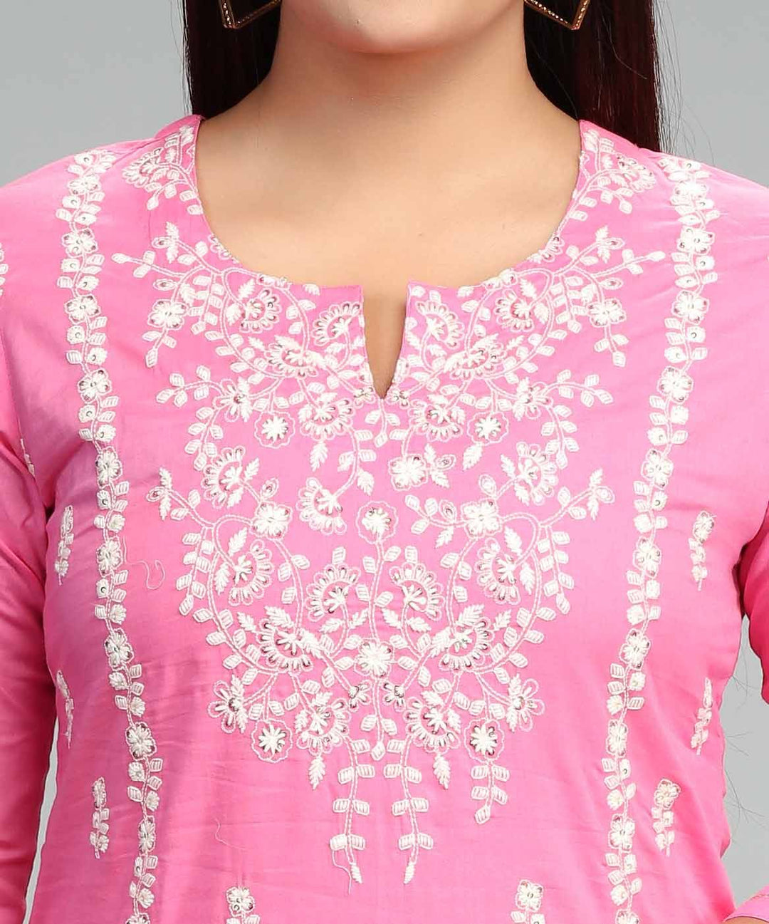 Pink Cotton Straight Embroidered Kurta Pant Co ord Set