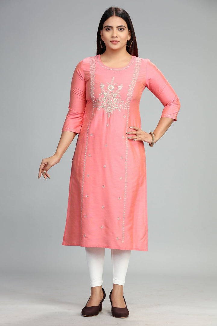 Light Peach Cotton Silk Straight Embroidered Kurta