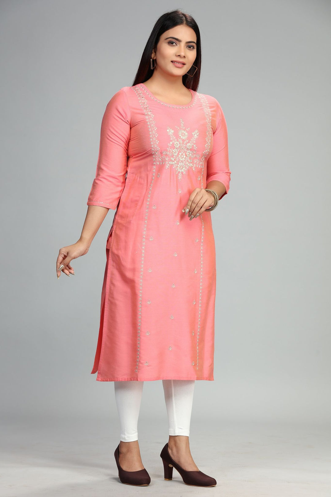 Light Peach Cotton Silk Straight Embroidered Kurta