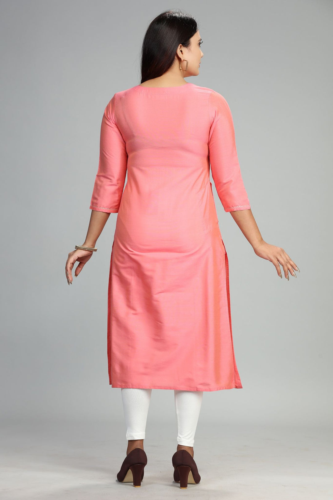 Light Peach Cotton Silk Straight Embroidered Kurta