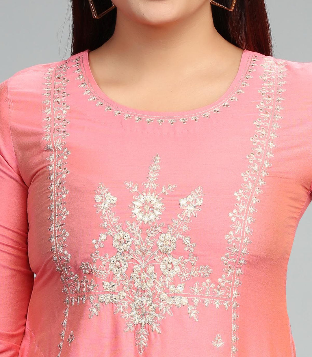 Light Peach Cotton Silk Straight Embroidered Kurta