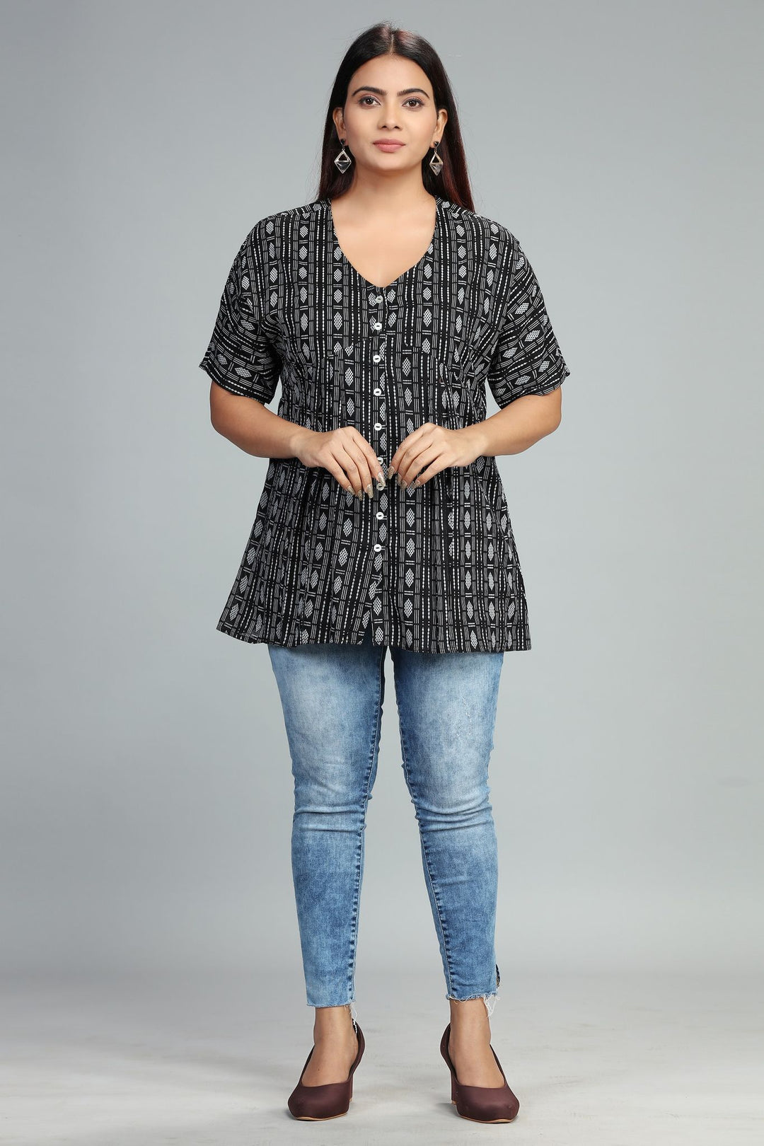 Black Cotton Flared Yarndyed Short Kurti