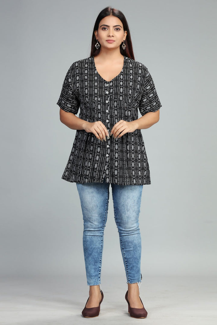 Black Cotton Flared Yarndyed Short Kurti