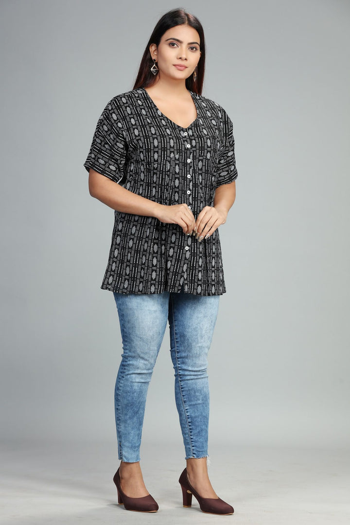 Black Cotton Flared Yarndyed Short Kurti