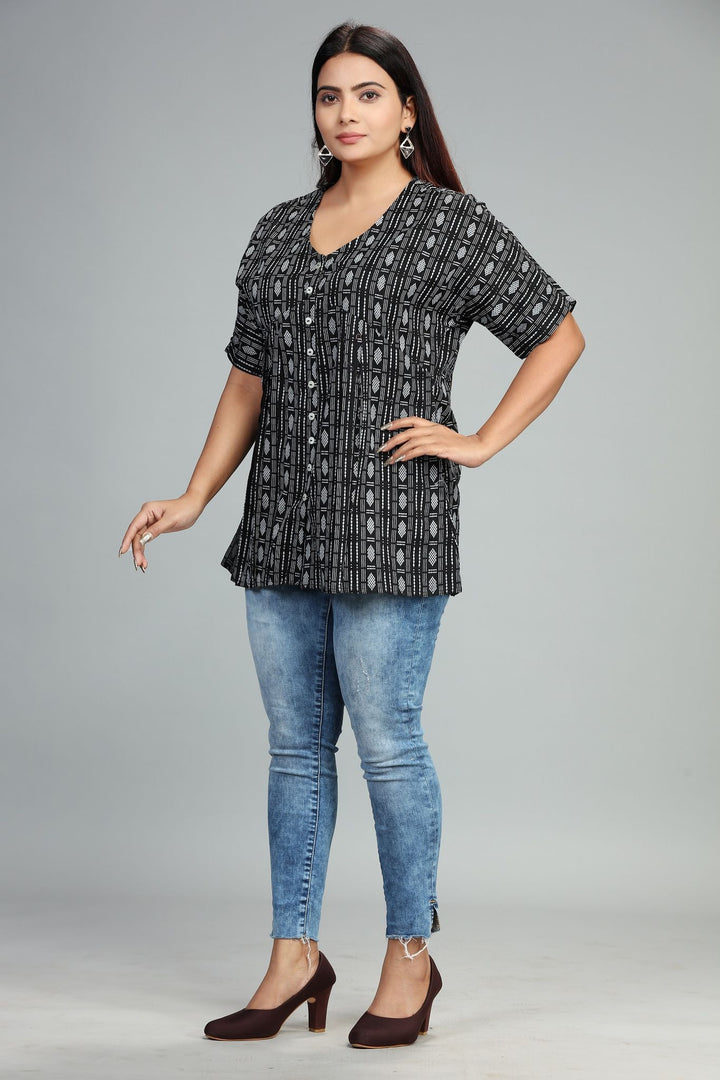 Black Cotton Flared Yarndyed Short Kurti for women