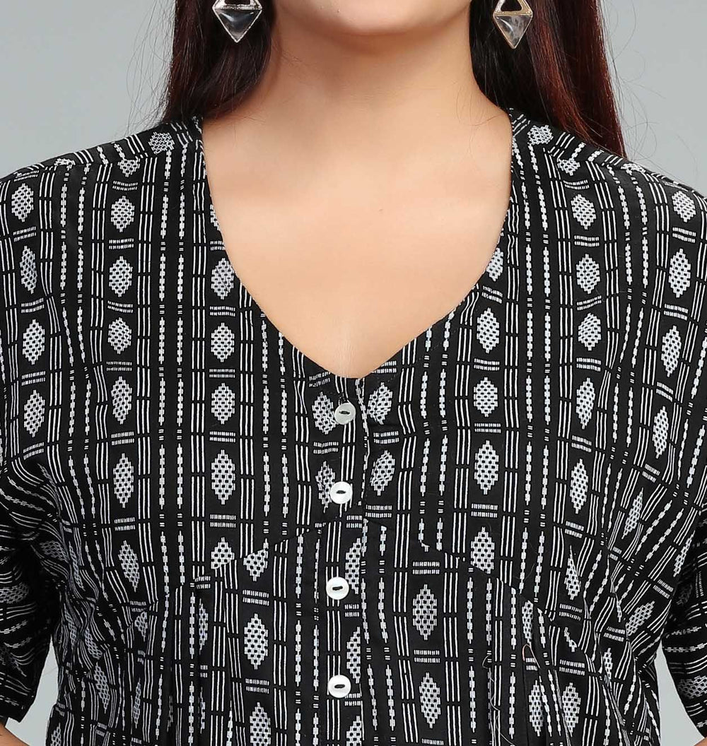 Black Cotton Flared Yarndyed Short Kurti