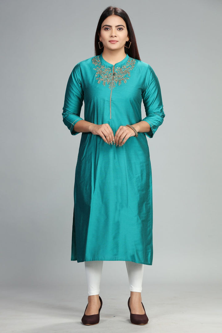 Teal Cotton Silk Straight Embroidered Kurti