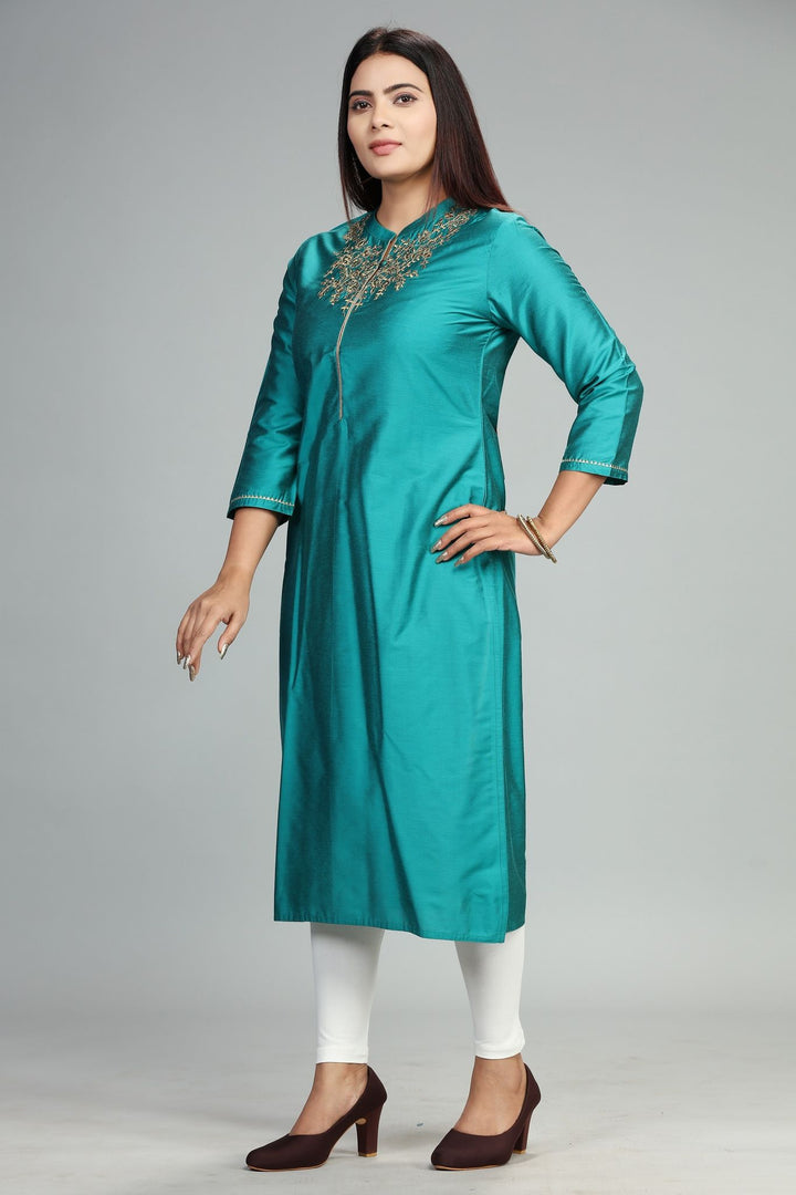 Teal Cotton Silk Straight Embroidered Kurti