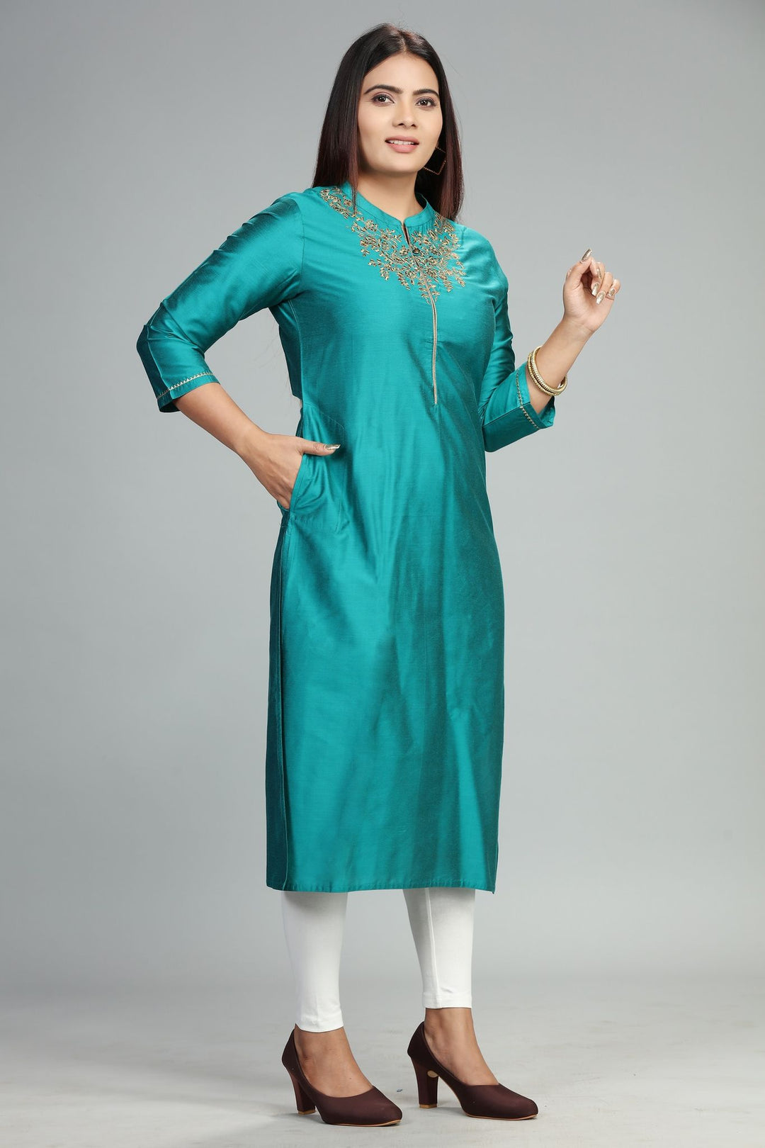 Teal Cotton Silk Straight Embroidered Kurti