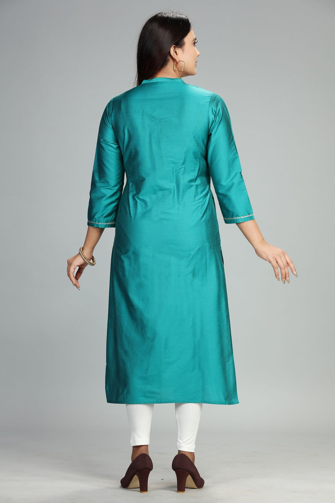 Teal Cotton Silk Straight Embroidered Kurti