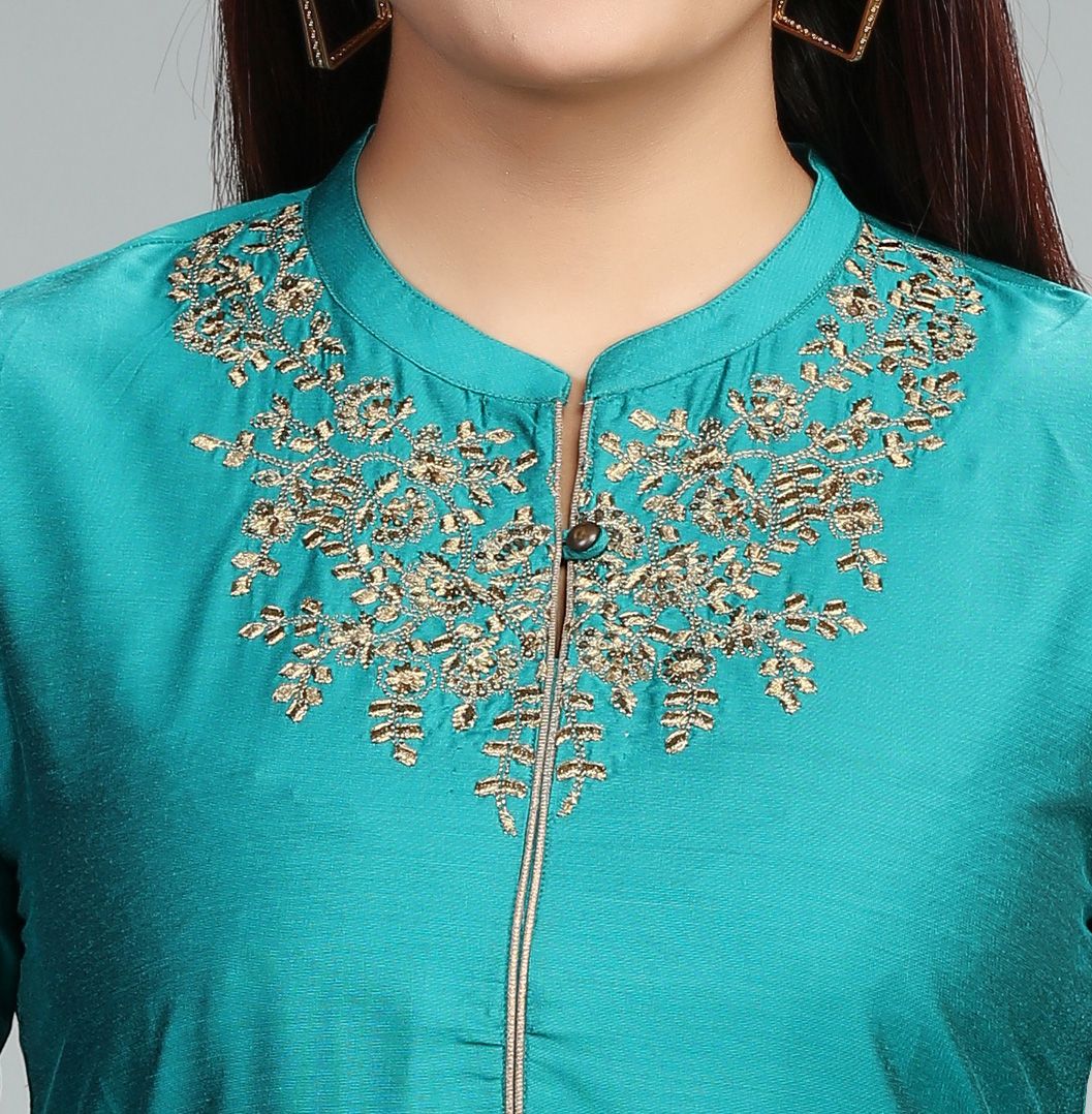 Teal Cotton Silk Straight Embroidered Kurti