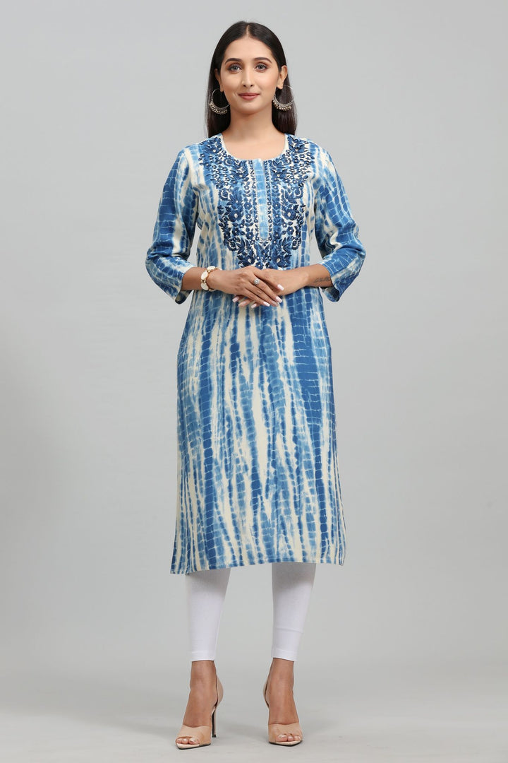 White & Sky Blue Rayon Straight Embroidered Kurta