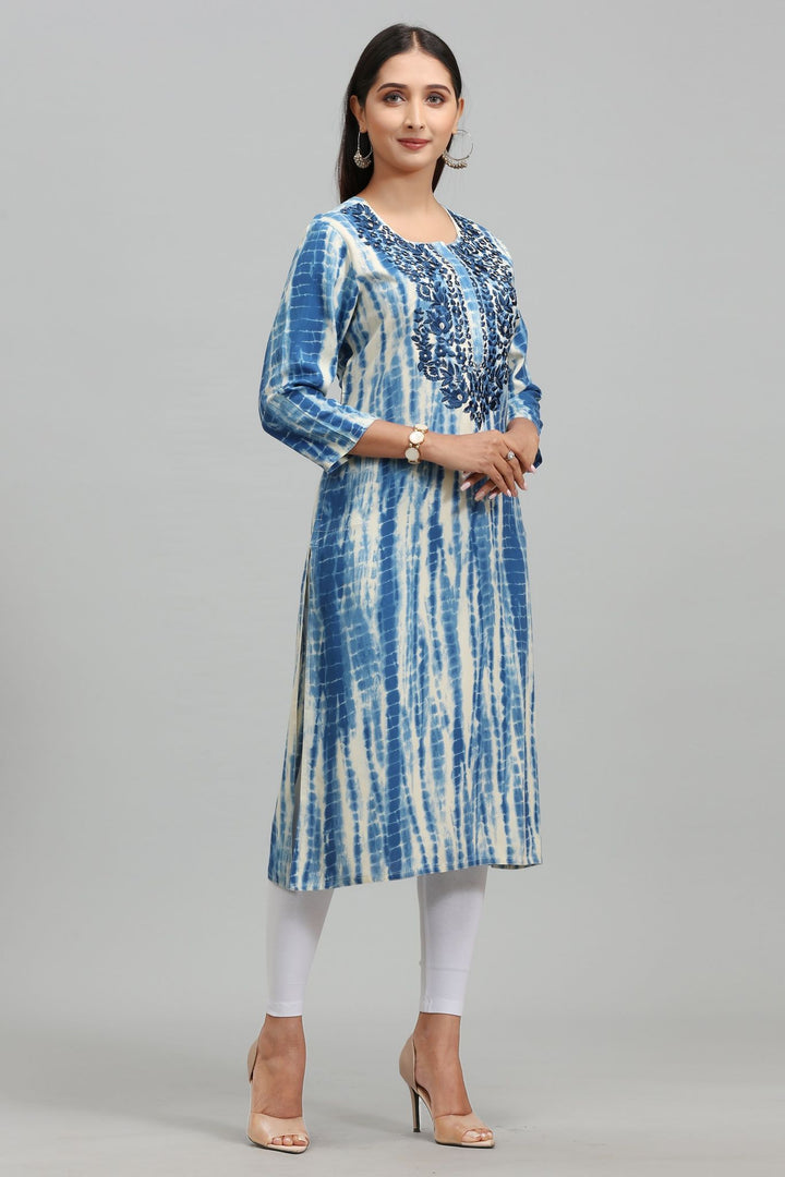 White & Sky Blue Rayon Straight Embroidered Kurta