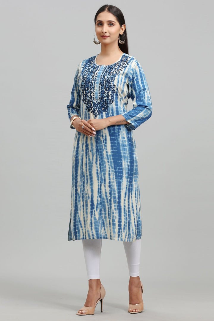 White & Sky Blue Rayon Straight Embroidered Kurta