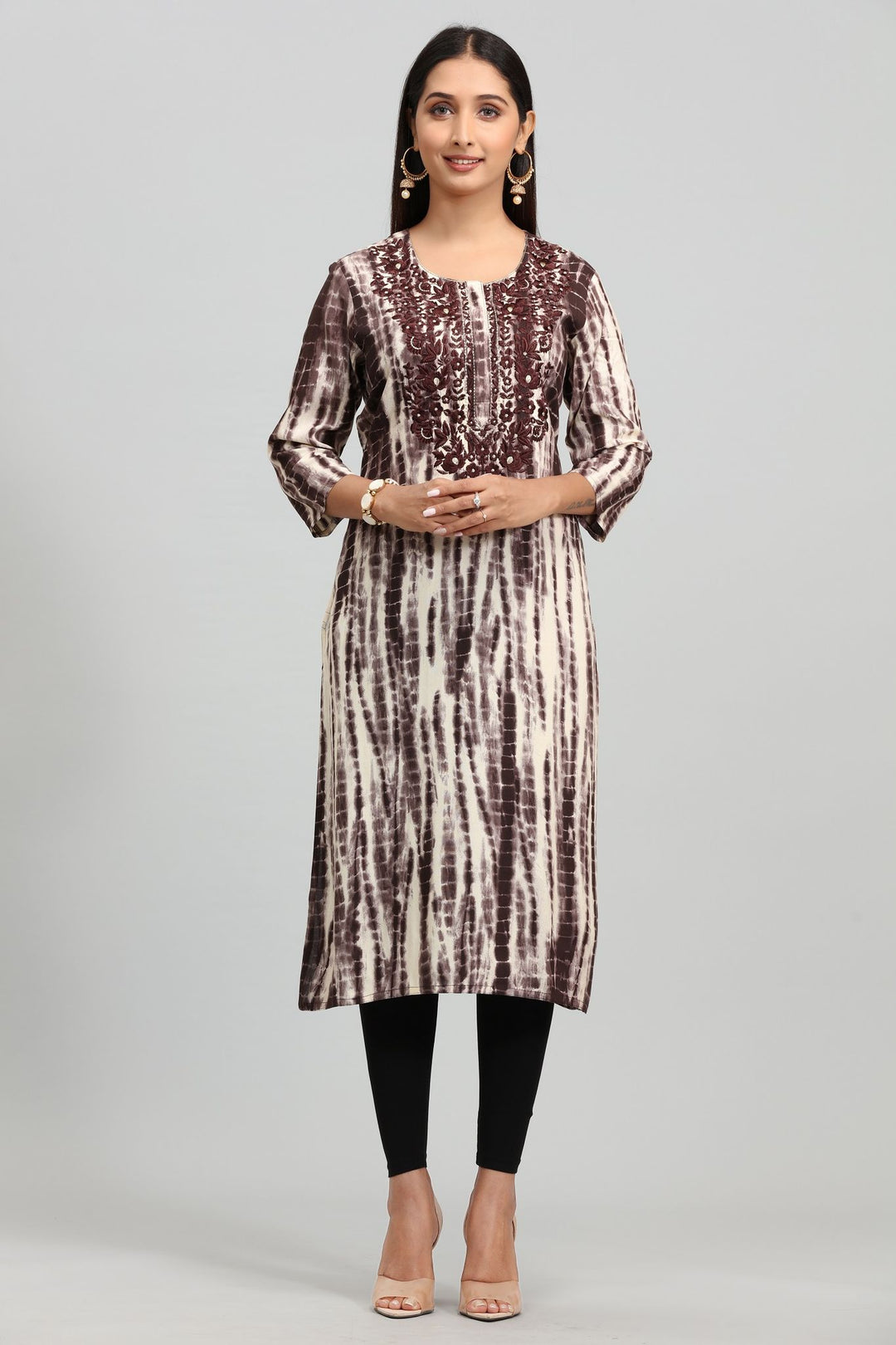 Brown Rayon Straight Embroidered Kurta