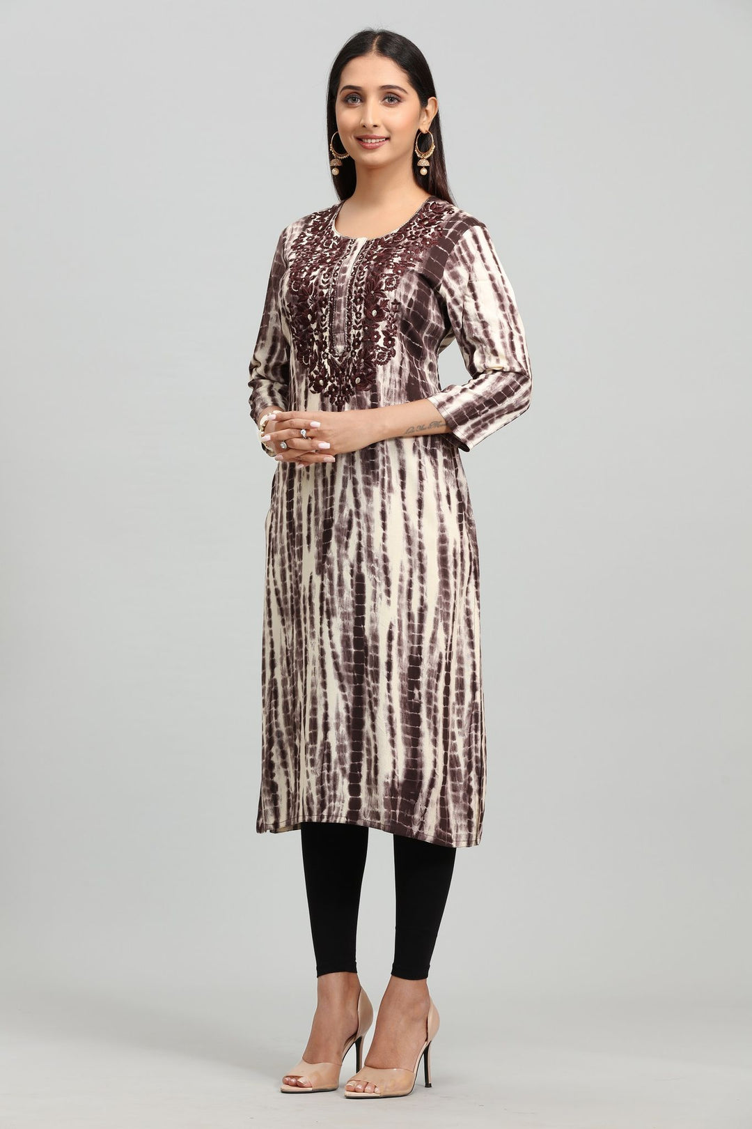 Brown Rayon Straight Embroidered Kurta