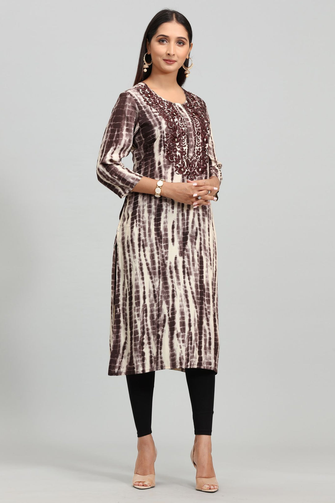 Brown Rayon Straight Embroidered Kurta