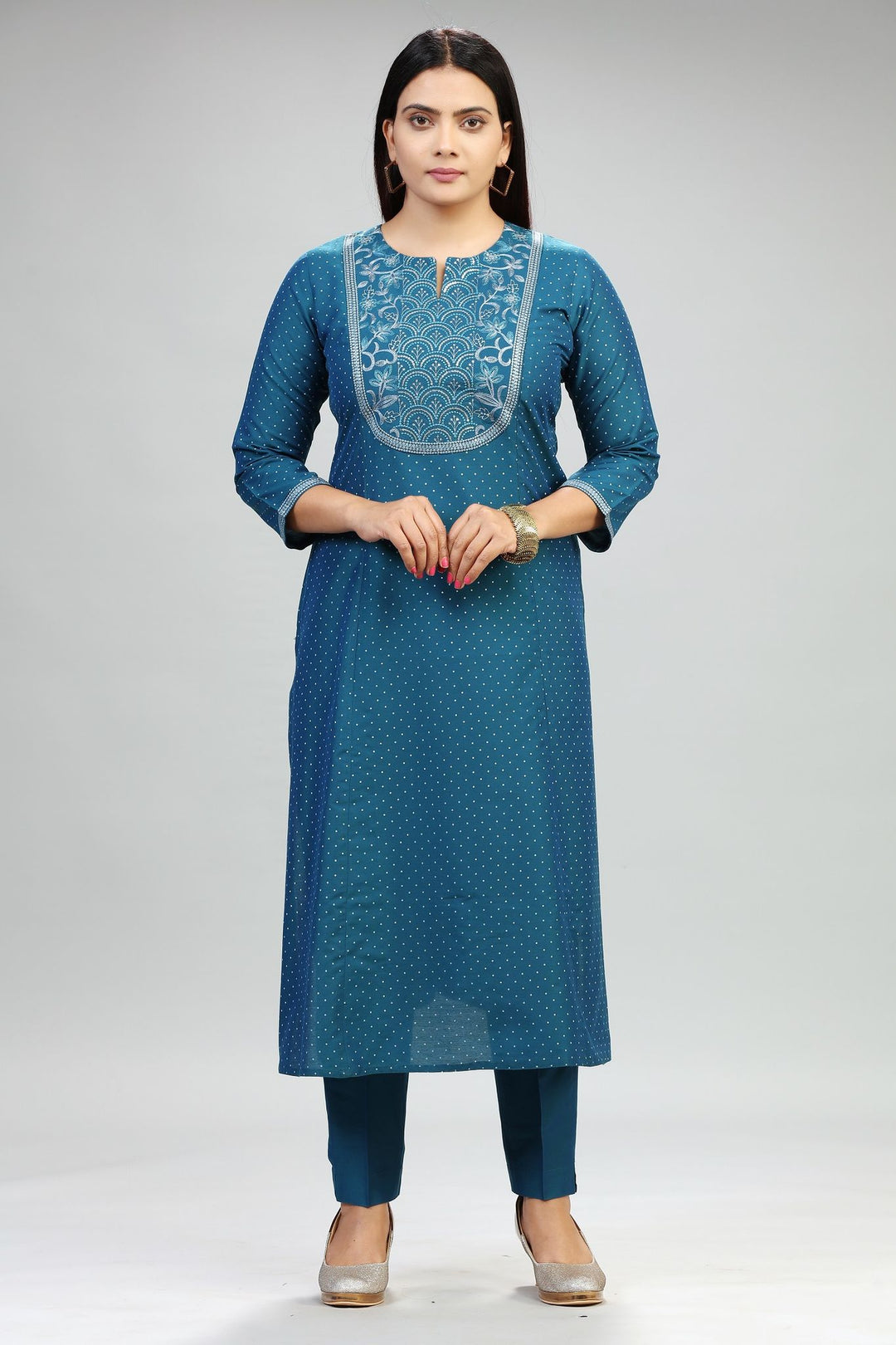 Blue Cotton Silk Straight Embroidered Kurta Pant Co ord Set