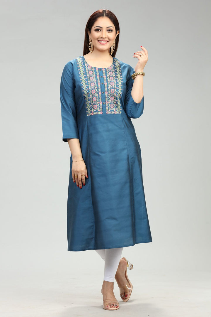 Blue Cotton Silk Straight Embroidered Kurta