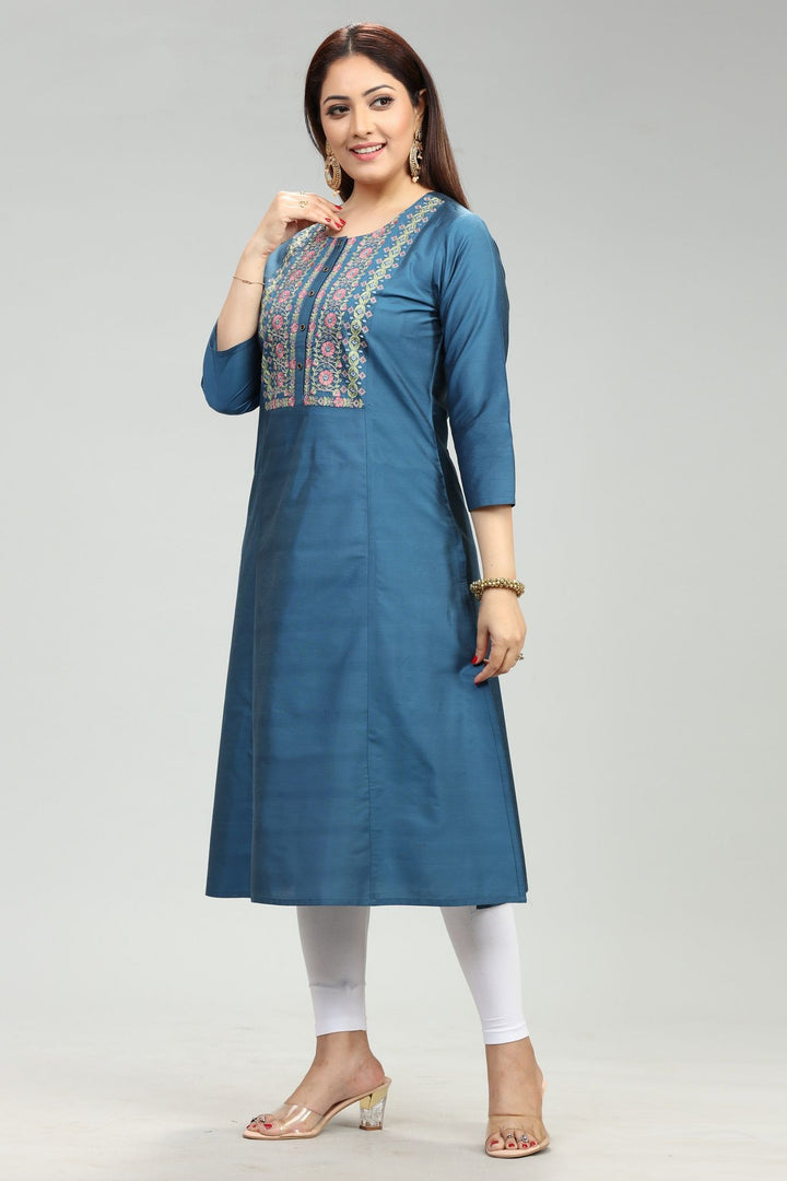 Blue Cotton Silk Straight Embroidered Kurta