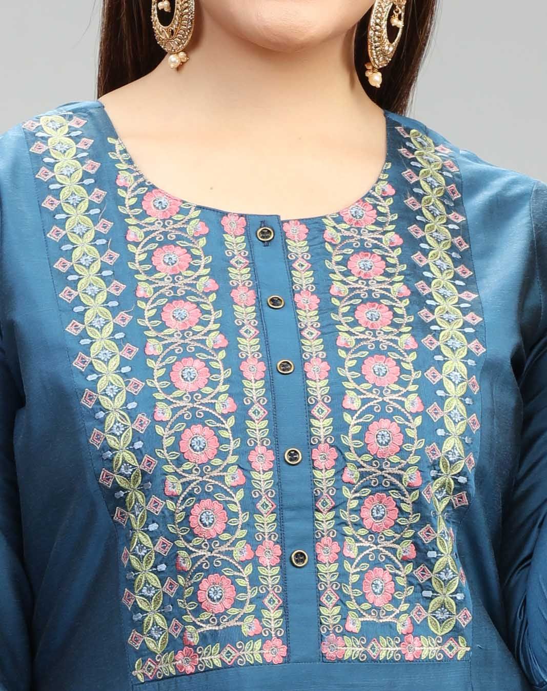 Blue Cotton Silk Straight Embroidered Kurta