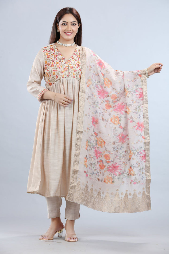 Cream Cotton Slub Gathered Embroidered Kurta Pant Suit Set