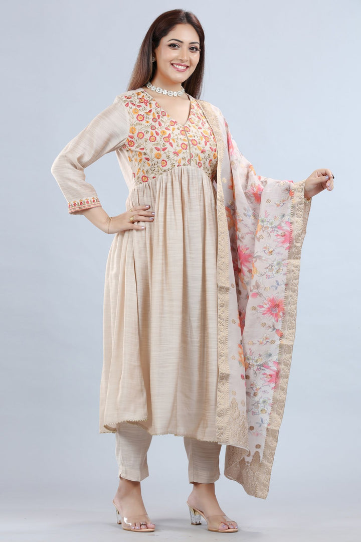 Cream Cotton Slub Gathered Embroidered Kurta Pant Suit Set