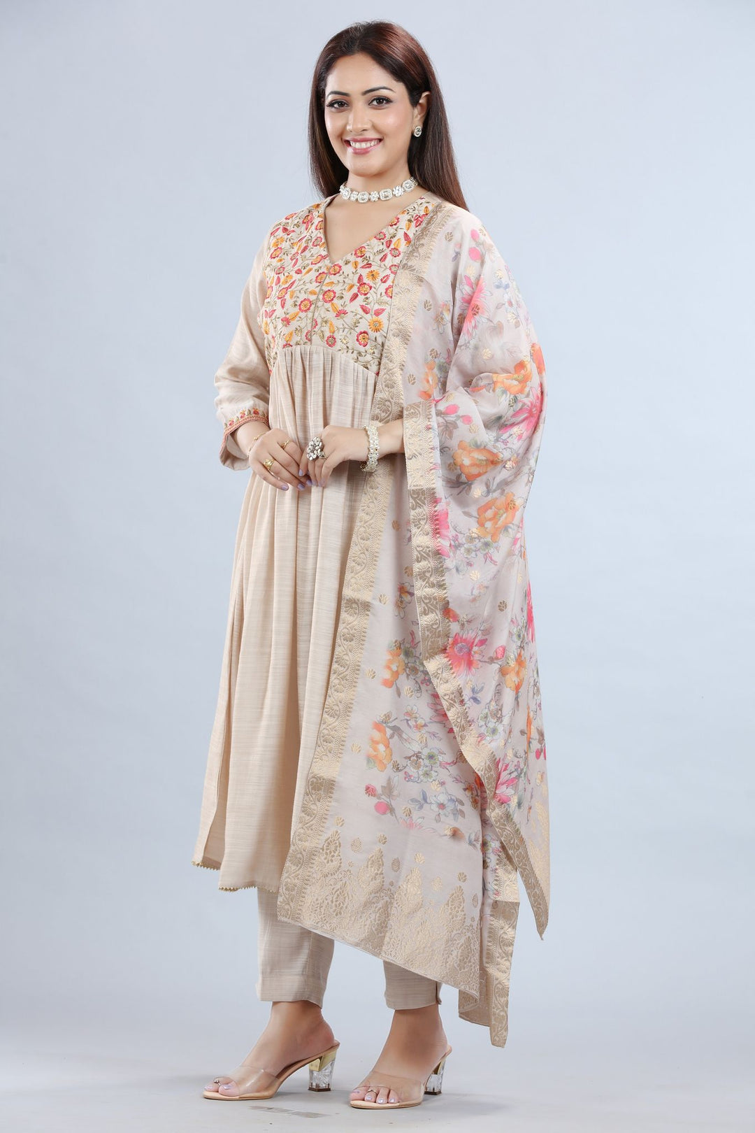 Cream Cotton Slub Gathered Embroidered Kurta Pant Suit Set