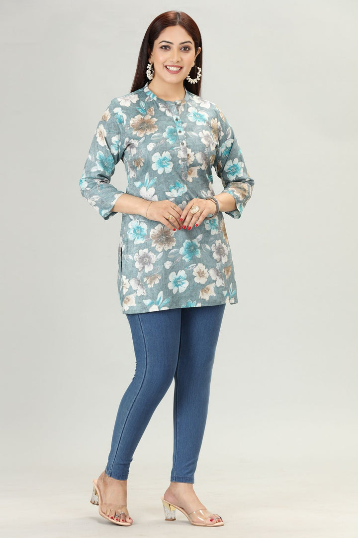 Grey Rayon Straight Printed Short Kurta