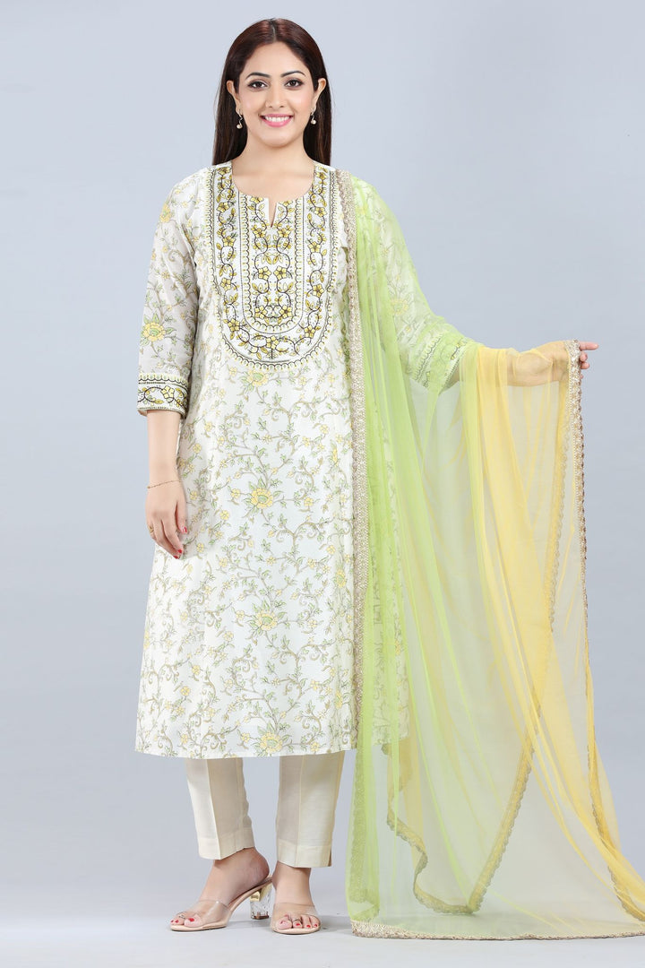 Off White Cotton Silk Straight Embroidered Kurta Pant Suit Set