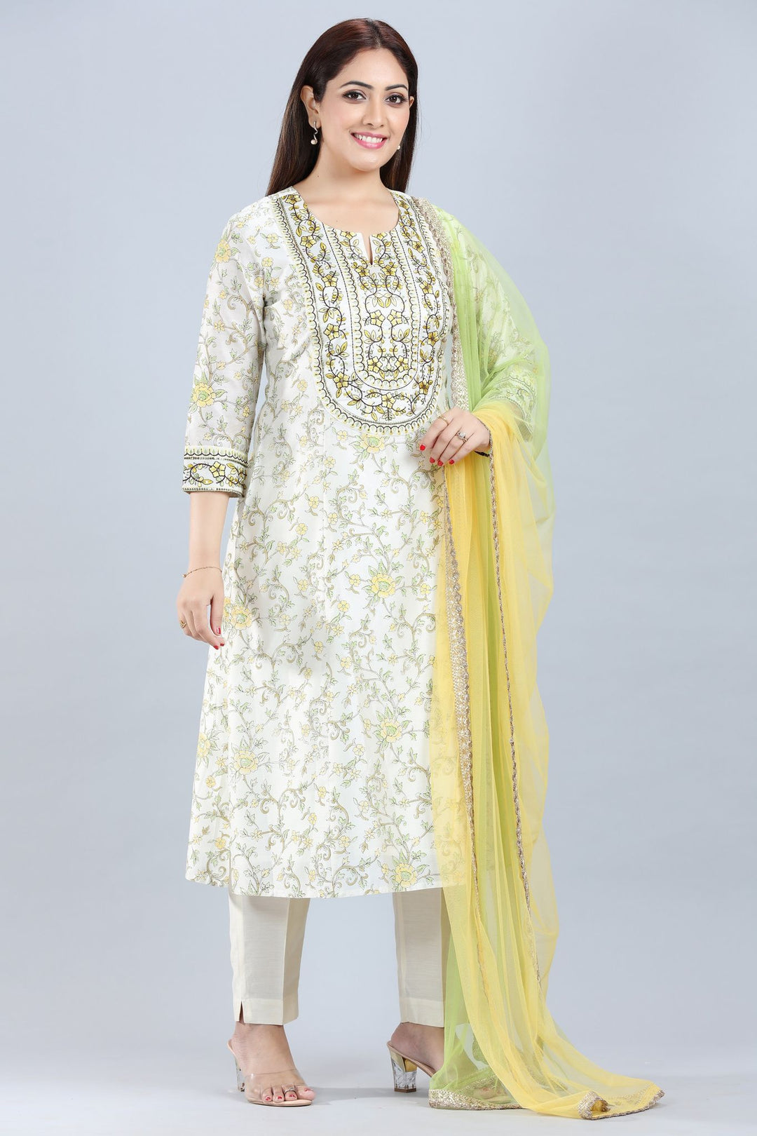 Off White Cotton Silk Straight Embroidered Kurta Pant Suit Set