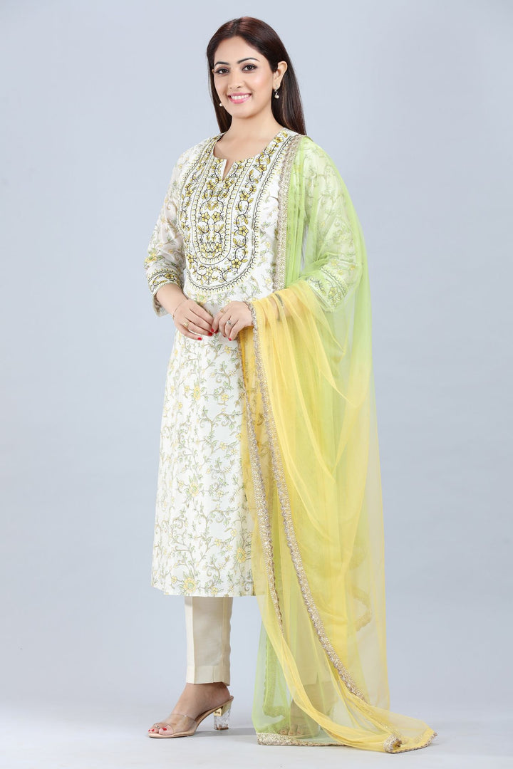 Off White Cotton Silk Straight Embroidered Kurta Pant Suit Set