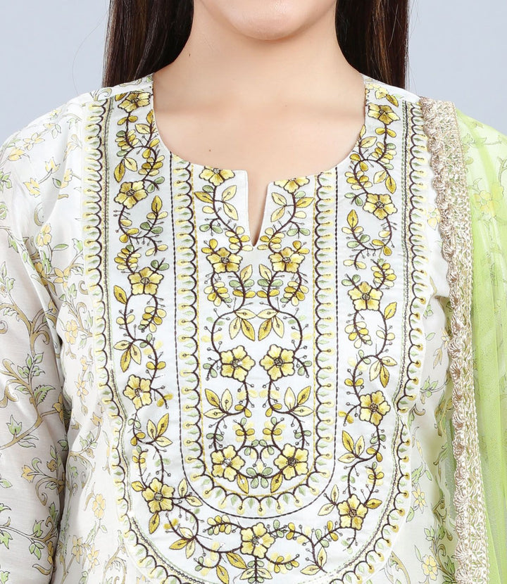 Off White Cotton Silk Straight Embroidered Kurta Pant Suit Set