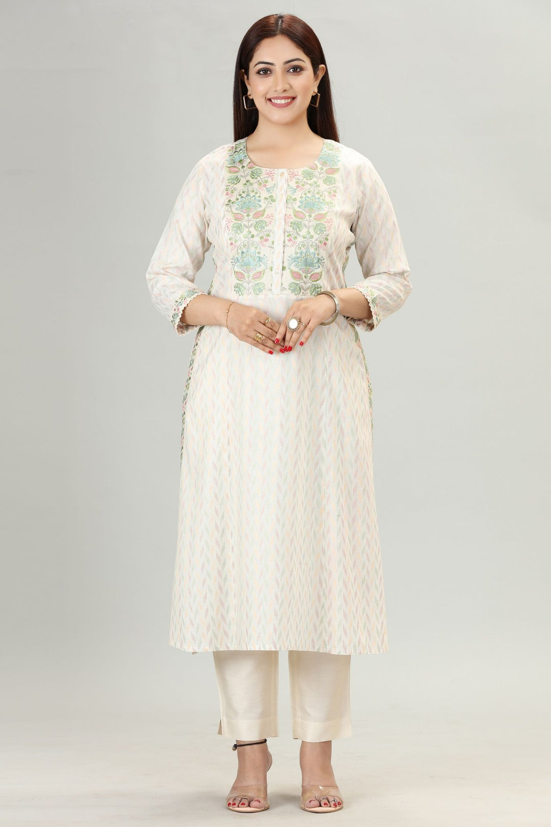 Cream Cotton Silk Straight Embroidered Kurta