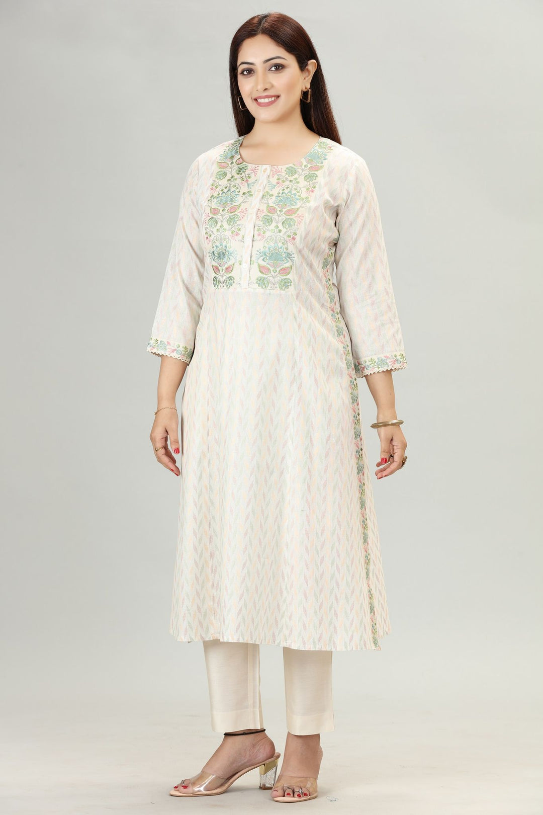 Cream Cotton Silk Straight Embroidered Kurta