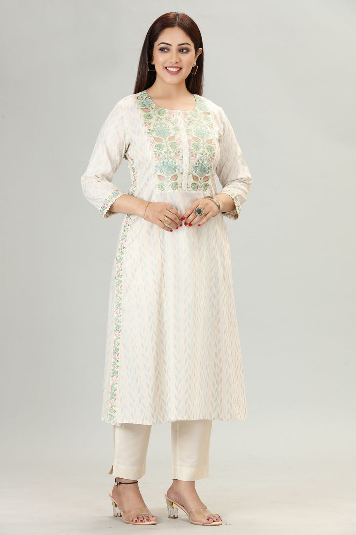 Cream Cotton Silk Straight Embroidered Kurta