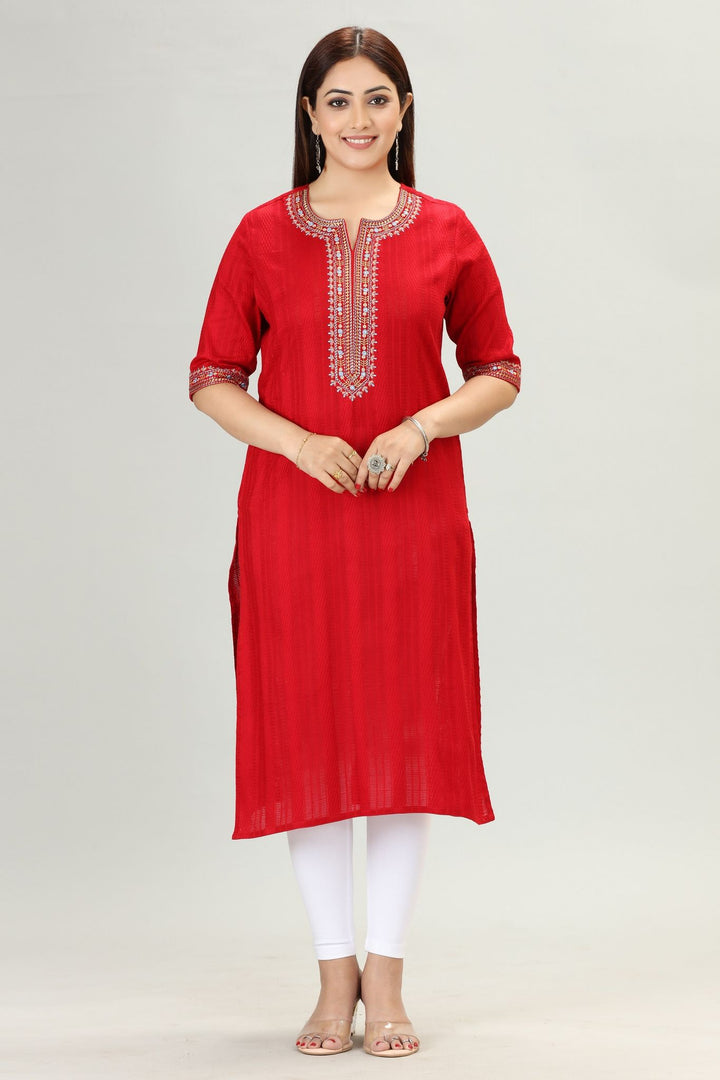 Red Cotton Straight Embroidered Kurta