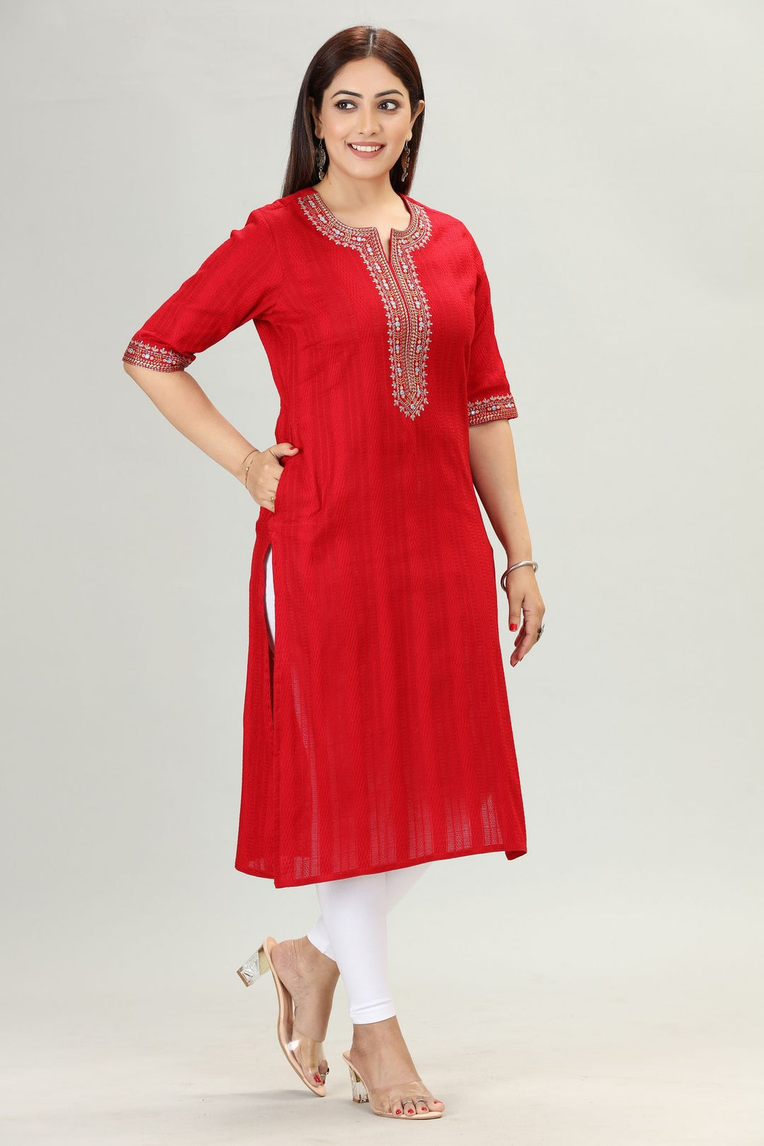 Red Cotton Straight Embroidered Kurta