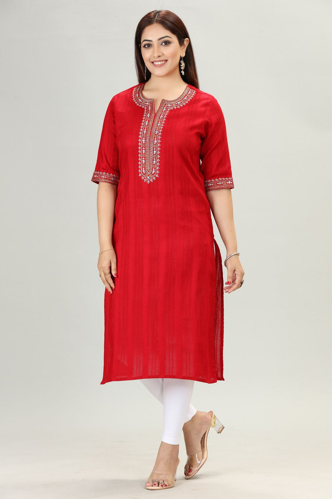 Red Cotton Straight Embroidered Kurta