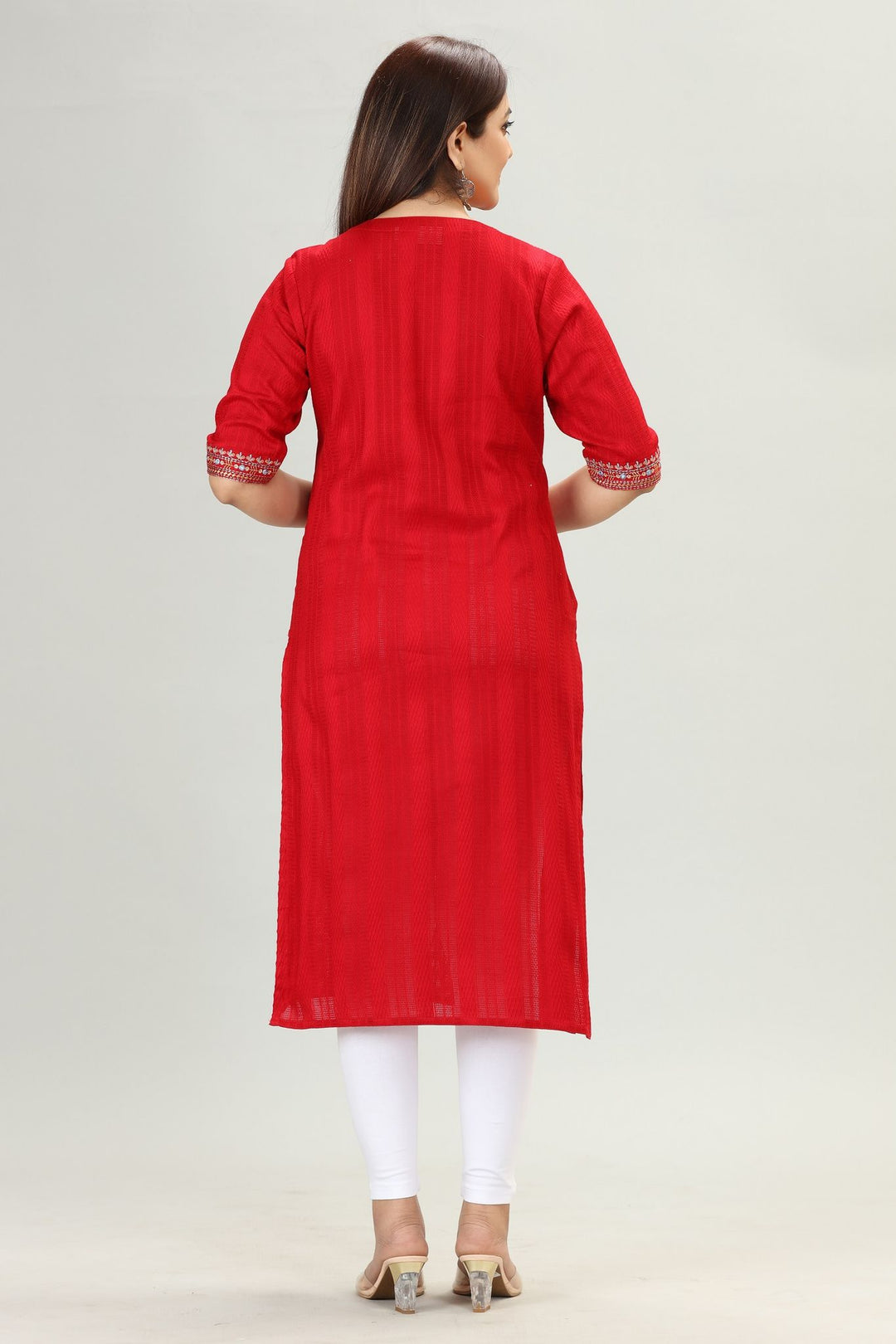 Red Cotton Straight Embroidered Kurta