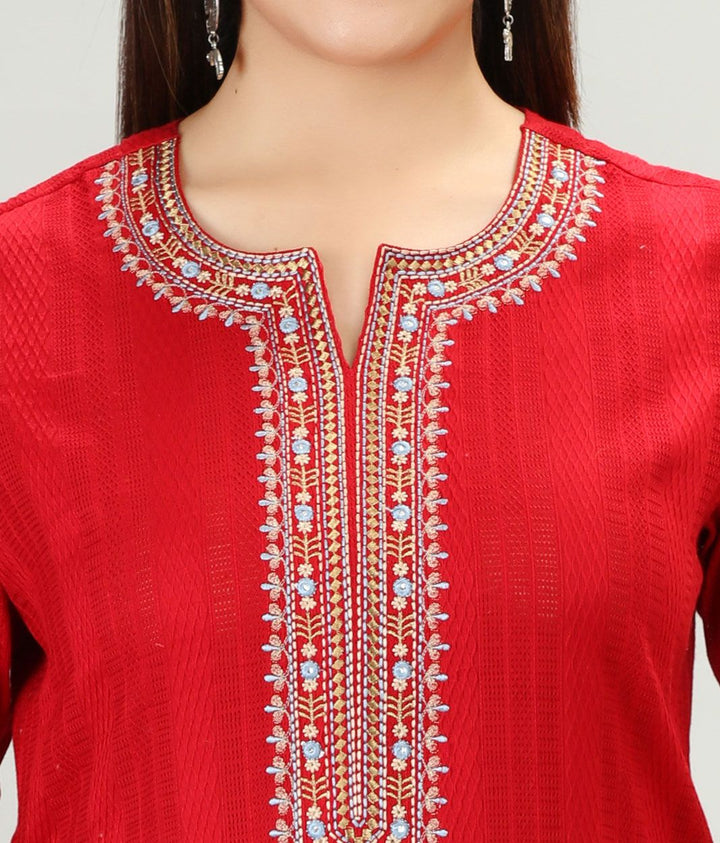 Red Cotton Straight Embroidered Kurta