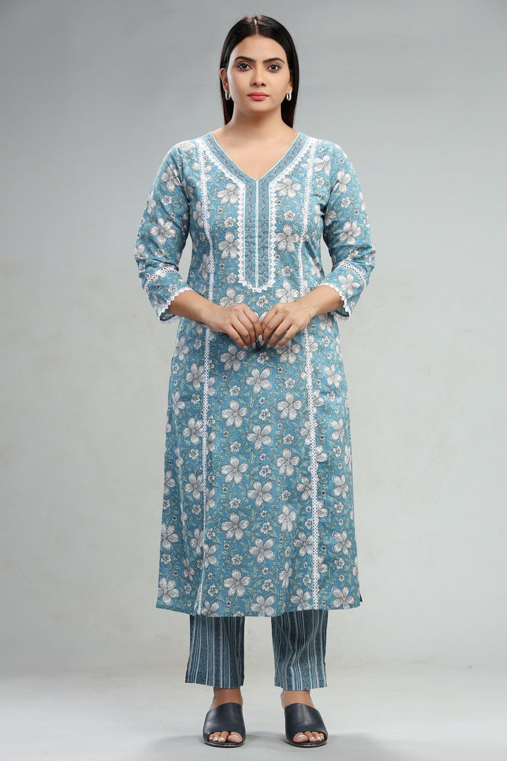 Turquoise Cotton A Line Printed Kurta Pant Co ord Set