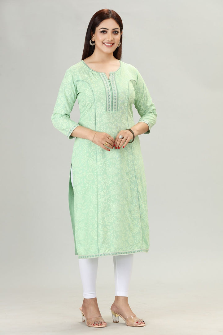 Pista Green Rayon Straight Embroidered Kurta