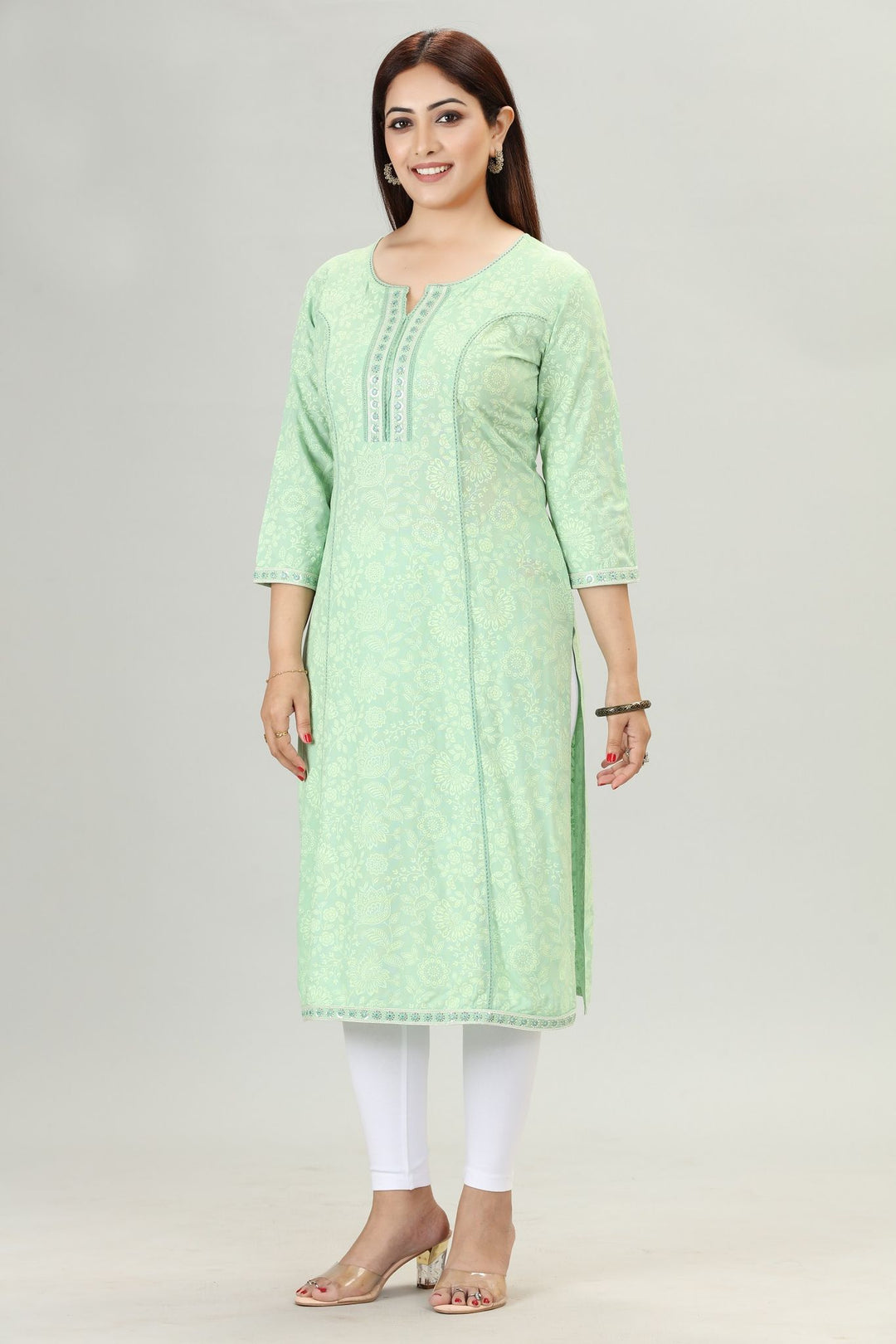 Pista Green Rayon Straight Embroidered Kurta