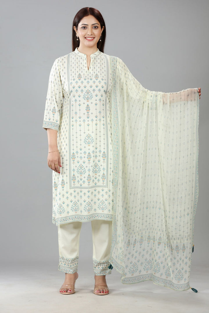 Cream Cotton Straight Printed Kurta Pant Suit Set