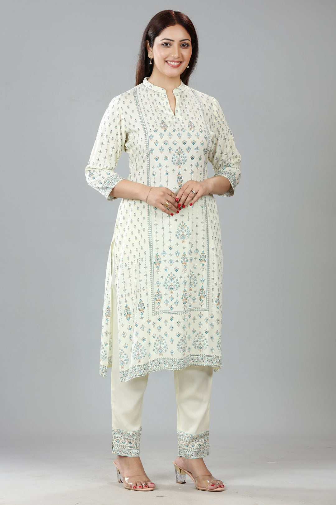 Cream Cotton Straight Printed Kurta Pant Suit Set