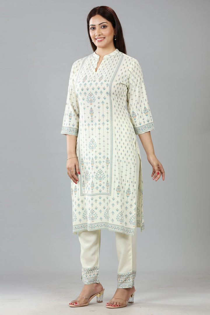 Cream Cotton Straight Printed Kurta Pant Suit Set